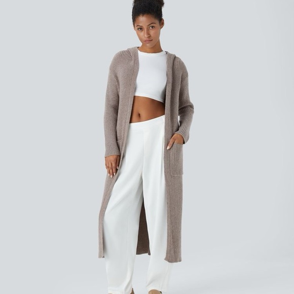 💕 HALARA hooded Long Sleeve Pocket Longline Cardigan, mocha meringue L NEW - Picture 3 of 8